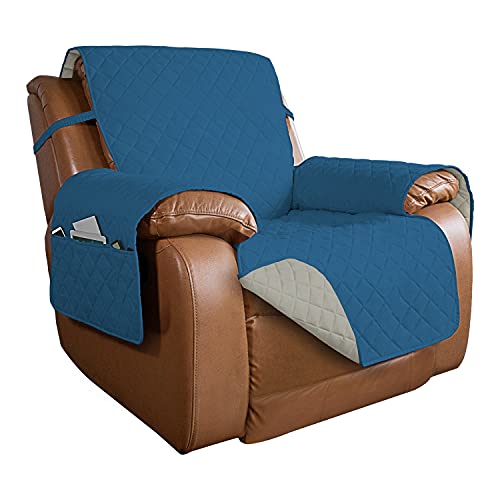 Image of PureFit Reversible Quilted Sofa Cover, Water Resistant Slipcover Furniture Protector, Washable Couch Cover with Non Slip and Elastic Straps for Kids, Dogs (Oversized Recliner, Peacock Blue /Beige)