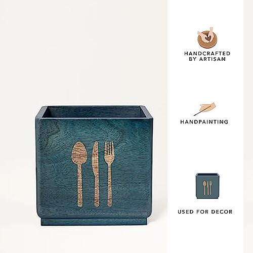 Image of Ellementry Blue Wood Utensil Holder| Spoon, Knife, Fork, Chopstick, Cutlery Holder /Organizer Stand for Kitchen & Dining Table| Multifunctional Spoon Stand | Handcrafted Table Organizer