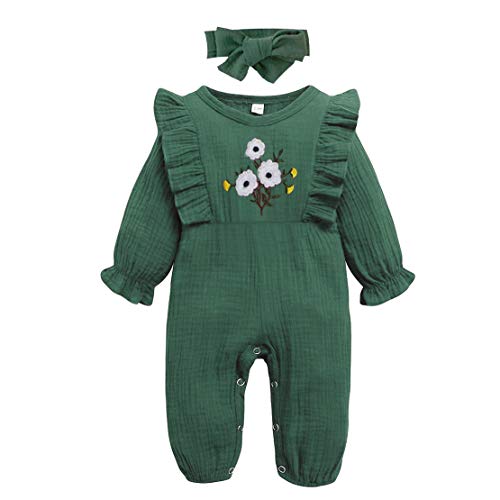 CM C&M WODRO Baby Girl Clothes Ruffle Long Sleeve Romper Cotton Linen Jumpsuits Onesie Outfit Spring Bodysuit with Headband (Green, 0-3 Months)