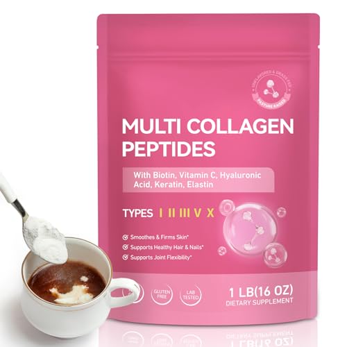 Collagen Pulver - Multi Peptide - 5-Kollagen Typen (I,II,III,V,X) mit Biotin, Hyaluronsäure & Vitamin C - Unaromatisiert, Ohne Geschmack - Für Haut, Haare, Nägel & Gelenke*- 454g (1lb) - Grass Gefütte