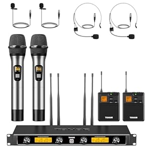 TONOR Sistema microfonico wireless UHF a 4 canali, Microfono palmare/Microfono archetto/Lavalier Microphone, Trasmettitore Bodypack, Ricevitore Metallo 4×5 frequenze, 90M per Chiesa Karaoke Canto