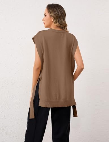 MISSACTIVER Women Oversized Round Neck Sleeveless Sweater Vest Knit High Low Hem Side Tie Solid Color Pullover Tank Tops4