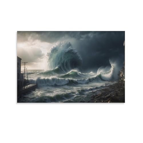 Giant Tsunami Wave Canvas Poster Wall Art Dramatic Swell Crashing Toward Coastal Buildings Under Stormy Sky Bold Nature Print Powerful Wall For Living Room Office Home08x12inch(20x30cm) Unframe-1-8
