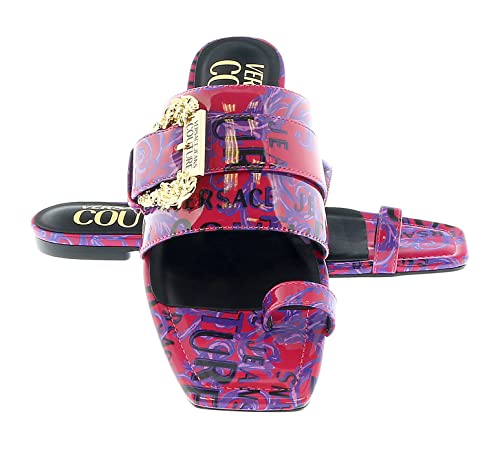 Versace Jeans Couture Purple Red Logo Baroque Flat Slip On Mule Sandals-7 For Womens #TOP4