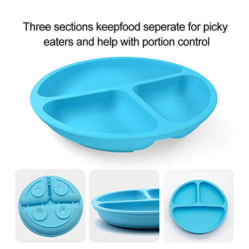 3 Pack Safe Silicone Baby Suction Plates - Toddler Divided Plate Set With Spoon Fork, Dishwasher And Microwave Safe (Blue, Green & Gray) #TOP1