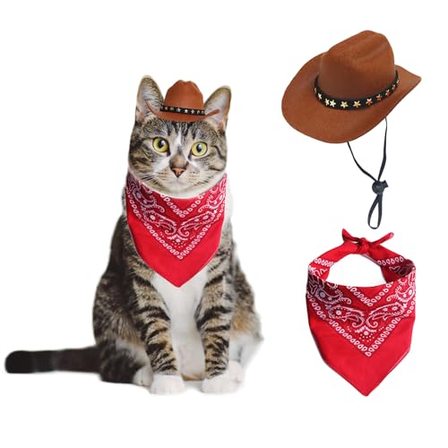 AWOCAN Cowboyhut für Hunde und Katzen, mit Bandana-Schal, Mini-Haustierkostüm für Halloween, Urlaub, Party-Dekoration (Braun, klein)
