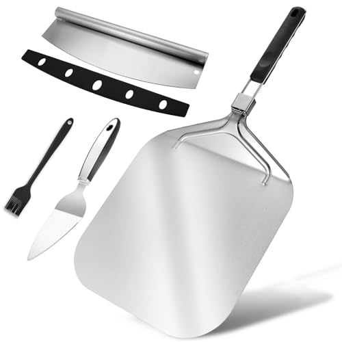 MANJIA Metal Pizza Peel 12 inch Pizza Spatula, Pizza Paddle with Foldable Handle, Stainless Steel Rocker Cutter & Oil Brush, 4-in-1 Pizza Peel Spatula Set for Baking Homemade, Pizza Oven Accessories