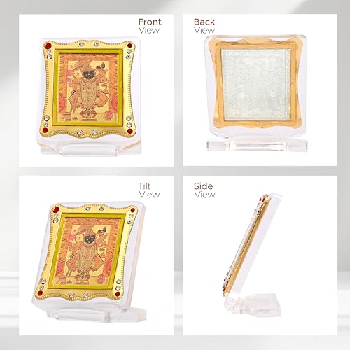 Image of Shrinath Ji Krishna Golden Foil Idol, Car Dashboard Idol Frame & Home Temple Religious Photo Frame | Hindu God Statue for Pooja, Office & Spiritual Gift Item