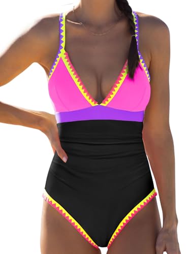 Image of popvil Women One Piece Swimsuit Colorblock Ruched Bathing Suit | Adjustable slider straps, Multi neon trim, Long torso, Detachable padding, Quick dry fabric, Beach Vacation