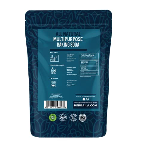 Herbaila Baking Soda Bulk 2lbs, Food Grade baking soda for baking, cleaning, deodorizing and household usage, Baking soda for pool cleansing, Gluten Free, No Fillers, made in the USA