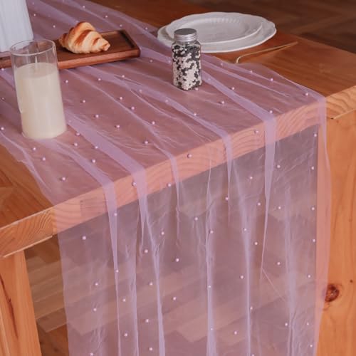 Psasrm Set of 6 Pearl Table Runner 10ft, 29 * 120 Inch Purple Table Cloth Sheer Tulle Table Cover,Pearl Table Runner for Wedding Party Baby Shower Birthday Home Decor