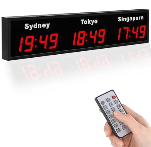 HNBYLMM Reloj Mundial Digital LED, Reloj Digital múltiples Zonas horarias de 3/4 Ciudades, Reloj de Pared Zonas horarias mundiales, para aeropuertos, hoteles, oficinas y multinacionales,Red-3Time