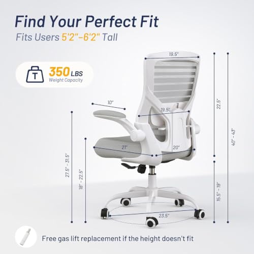 Image of Office Chair for Long Hours & Back Pain Relief - 4 inch Molded Foam Cushion, Padded Lumbar Support, and Padded Flip-up Armrests, Ideal for Office or Study, Light Gray