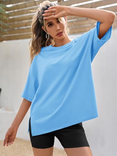 Image of Tankaneo Womens Oversized Tshirts Summer Casual Short Sleeve Crew Neck T Shirt Loose Fit Side Slit Tee Tops