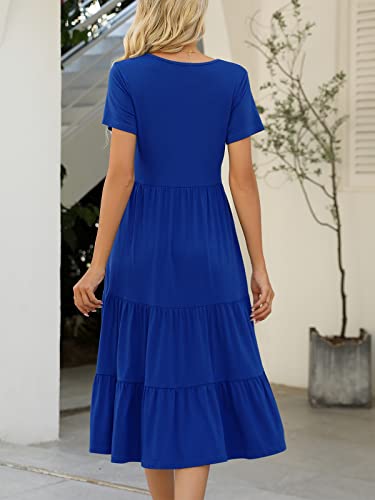 Image of Lyrur Women's Dresses Casual Summer Tiered Midi Dress Short Sleeve Belted Ruffle Babydoll Boho Sundress with Pockets