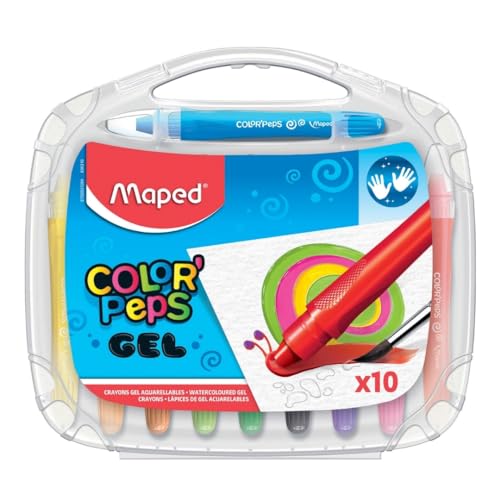 Maped Ceras de Colores en Gel para Niños, 10 Lápices Retráctiles, Colores Vibrantes y Mezclables, Efecto Acuarela con Agua, Fácil Agarre y Deslizamiento, Incluye Estuche Reutilizable