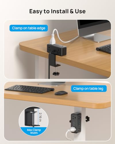 Image of TROND Compact Desk Clamp Power Strip 15 ft, Fit 2.16 inch Tabletop Edge, Black