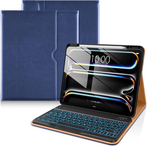 Image of DTTO for iPad Pro 13 Inch Case with Keyboard M5 /M4 2025 /2024, 7 Colors Backlit Wireless Detachable Keyboard Premium Leather Folio Cover with Pencil Holder & Pocket, Navy Blue