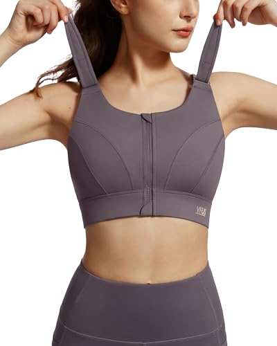 VFUS Adjustable High Impact Sports Bras for Women Zip Front Full Coverage and Lift Padded Compression Tops (X-Large, Gray)