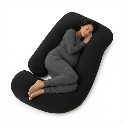 Image of Amazon Basics Full Body Pregnancy Pillow for Maternity,Baby Nursing,Full Body Support-|Perfect Baby Shower Gift|J-Shaped-Washable Cover with Zip - Black, Velvet