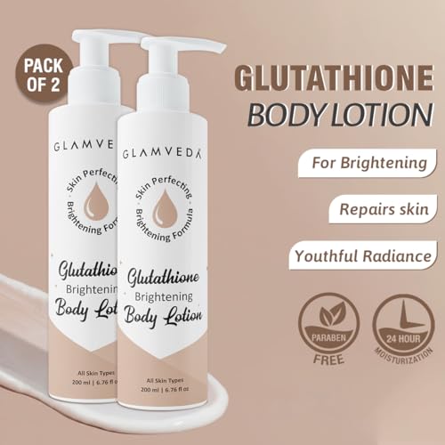 Image of Glamveda Glutathione Body Lotion Moisturizer 200ml Pack Of 2 | 24hr Deep Moisturization | Skin Brightening | Non Greasy, Lightweight Hydrating Moisture for Glowing, Repairs & Softens Skin | All Skin Type