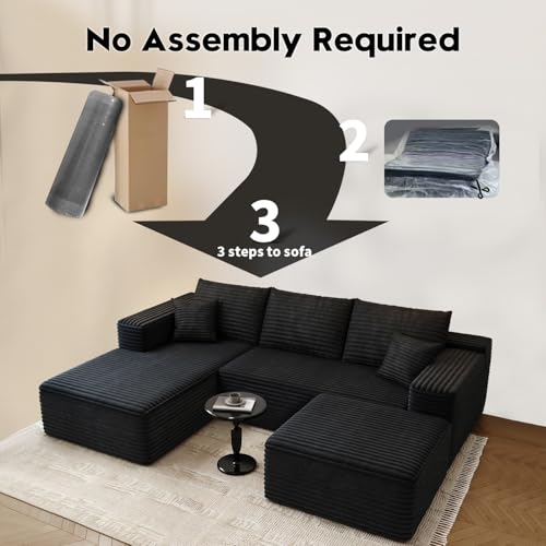 107.5" Cloud Modular Sectional Sofa with 1 Ottoman,Modern Minimalist Upholstered Couches, Comfort U Shaped Sofa for Living Room,Deep Seat Corner Couch,No Assembly Required (Black,Left Facing Chaise) - Image 4