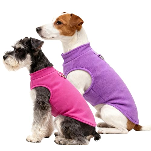 2Pcs Warm Fleece Dog Jumpers Coats, Winter Pet Clothes Vest for Small Dogs and Puppies with Leash D-Ring, Unisex (Pink Purple, S)