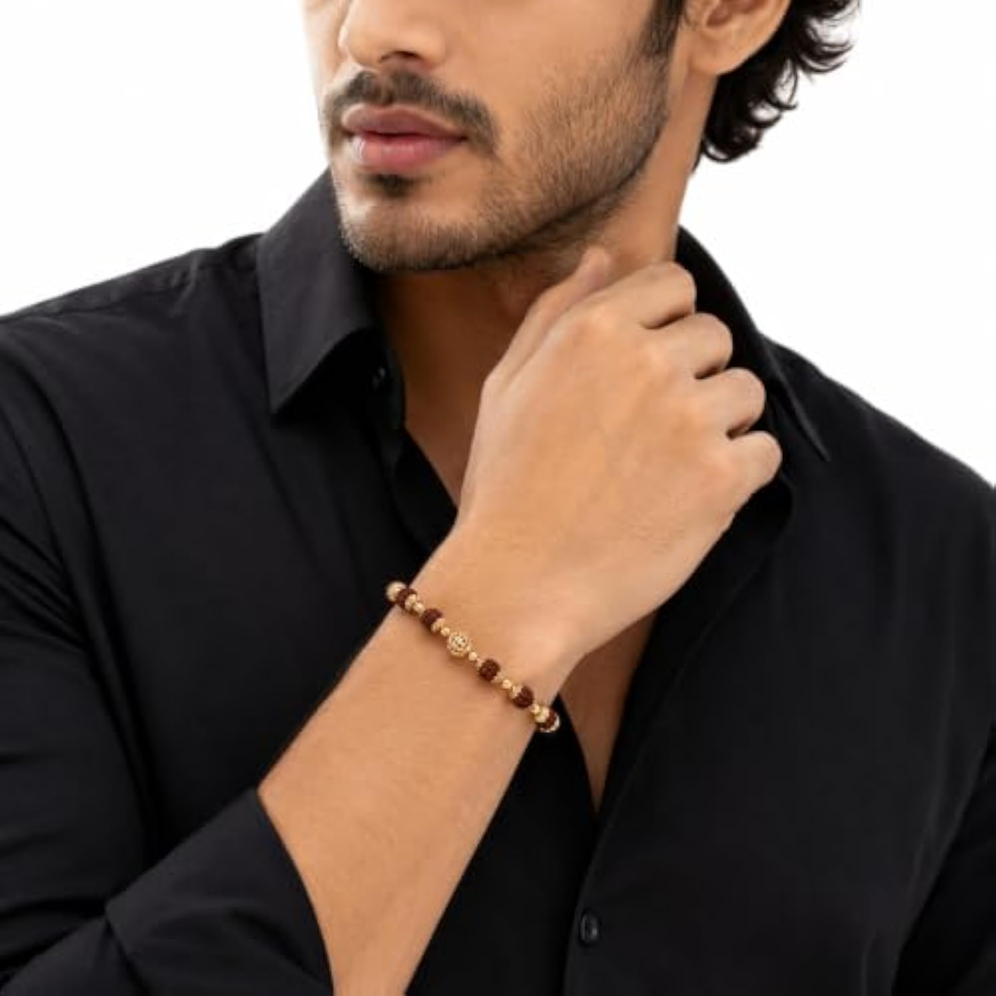 Rudraksha and Gold-Tone Beaded Bracelet with Lobster Clasp