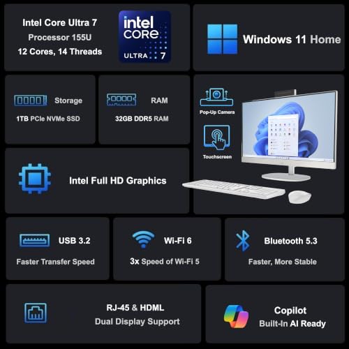 Image of HP 27 inch FHD Touchscreen All-in-One Business Desktop, Intel Core Ultra 7 (Up to 4.8GHz), 32GB DDR5 RAM, 1TB SSD, Intel Graphics, Wi-Fi 6, Webcam, HDMI, RJ-45, Type-C, Wireless KB&Mouse, Windows 11 Home