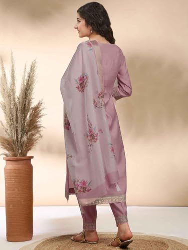 Image of Girls A-line Silk Embroidered Kurta and Pant Set with Dupatta for festive wedding and casual wear