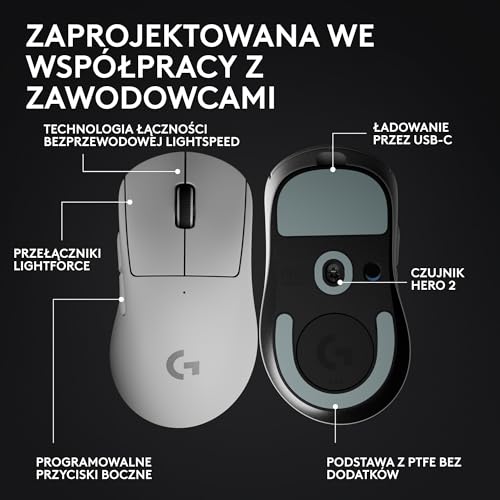 Bezprzewodowa mysz do gier Logitech G PRO X SUPERLIGHT 2 DEX LIGHTSPEED, lekka mysz klasy profesjonalnej o wadze 60 g, z 5 programowalnymi przyciskami, ładowaniem przez USB-C