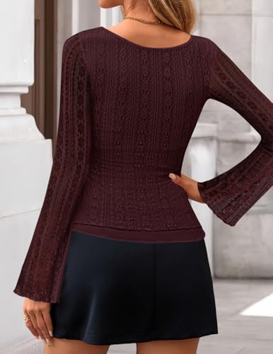 ZESICA Womens Lace Mesh Long Sleeve Shirts Fall Double Lined Boat Neck Slim Fit Asymmetrical Going Out Tops Date Night Outfit4