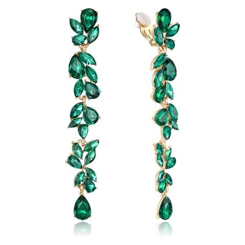 Crysdue Clip On Earrings for Women Rhinestone Crystal Teardrop Cluster Wedding Bridal Non Pierced Long Dangle Earrings for Prom Party Green Gold-Tone Cover
