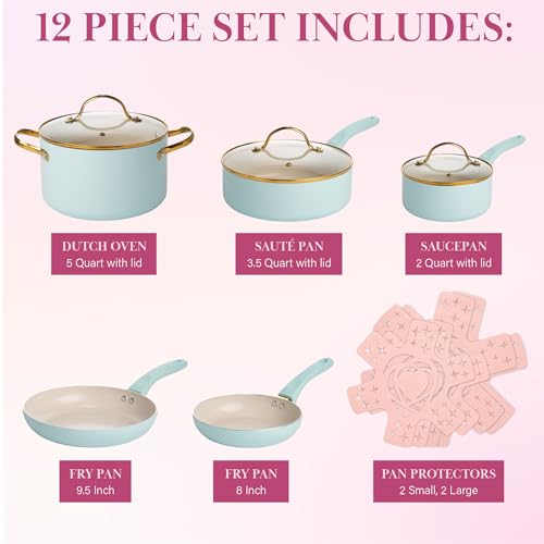 Image of Paris Hilton Epic Nonstick Pots and Pans Set, Multi-layer Nonstick Coating, Tempered Glass Lids, Soft Touch, Stay Cool Handles, Made without PFOA, Dishwasher Safe Cookware Set, 12-Piece, Aqua