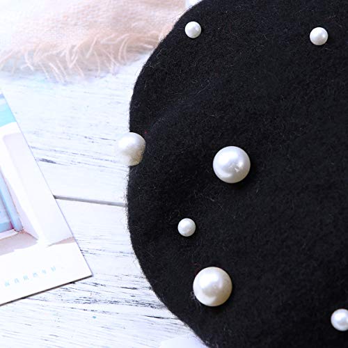 Pearl Autumn Winter Cashmere Beret Starry Beaded Pearl Rivet Wool Beret (Black) #TOP7