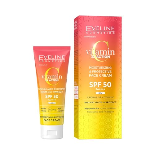 Eveline Cosmetics Vitamin C 3x Action Feuchtigkeitsspendende Schutz-Gesichtscreme SPF 50 mit UVA/UVB-Schutz, Anti-Aging- und Aufhellungskomplex