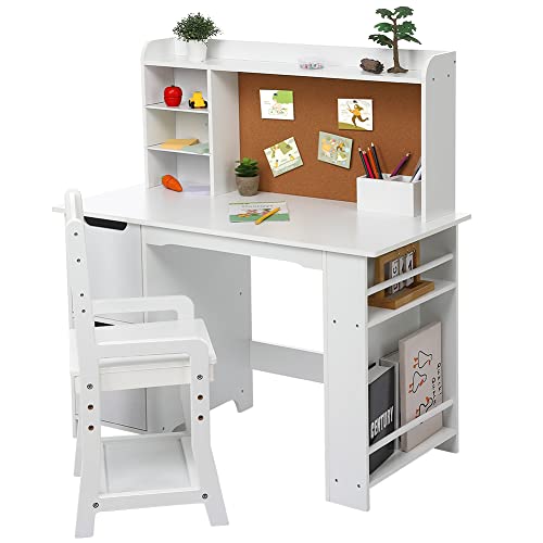Garvee Kids Desk, Study Desk and Chair Set for Boys and Girl, Wooden Kids Writing Table with Bookshelf, Bulletin Board, and Cabinets for Ages 3-8, Whi