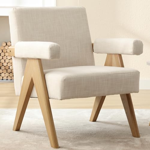 BESTANO Linen Accent Chair Mid Century Modern Wood Armchair Comfy