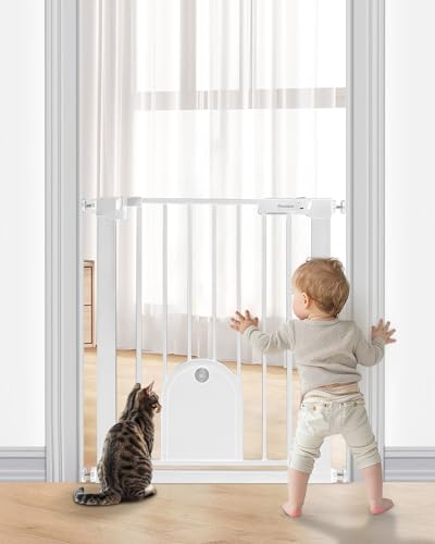 Newnice 26.7-29.5\'\' Narrow Baby Gate with Cat Door, Auto Close & Easy Walk Thru Dog Pet Gates for Stairs, Doorway, House, Pressure Mounted Safety Child Gate Includes 4 Wall Cups, NO Extensions, White - Thumbnail 5