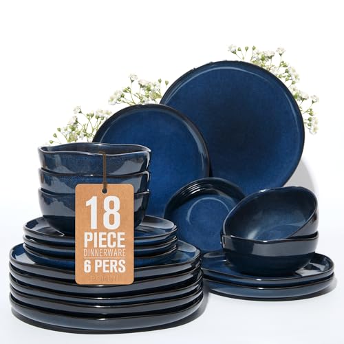 Image of Pokini 18 Piece Stoneware Dish Set for 6, Reactive Glaze Ceramic Plates and Bowls Set | Coastal‑Inspired Irregular Design for Casual Entertaining & Intimate Dinners | Dishwasher & Microwave Safe
