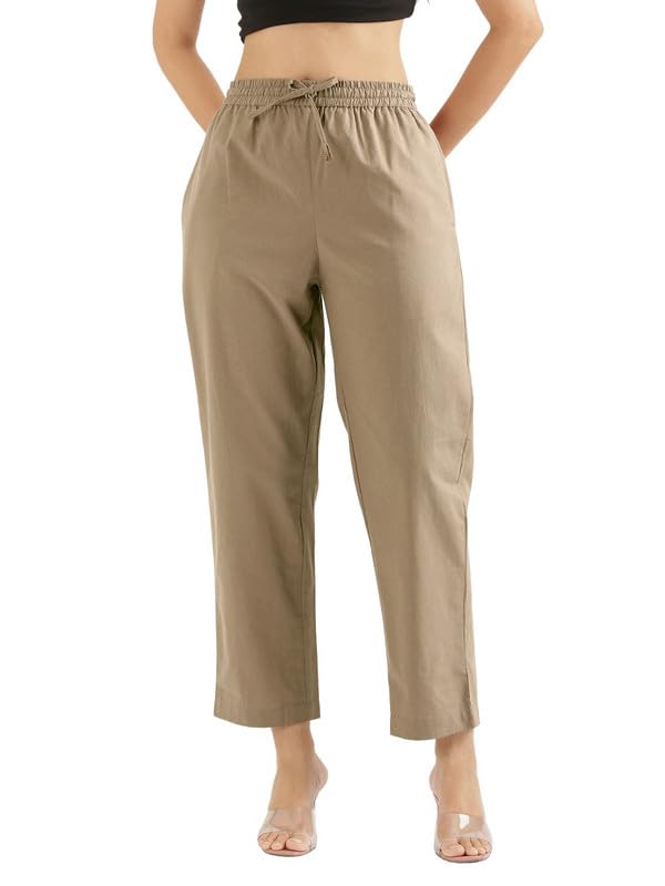 Image of SAADAA Cotton Straight Pants for Women | Breathable Everyday Wear Trousers | Drawstring, Deep Pockets & Elastic Waistband | Casual & Comfortable Fit
