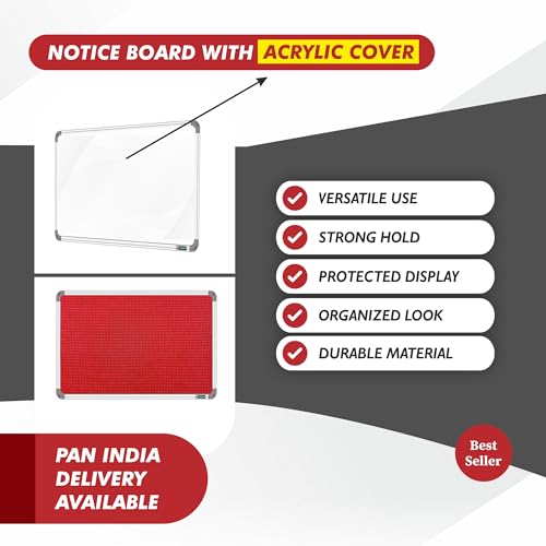 Image of YAJNAS 3X5 Feet Premium Material Red Designed Notice Board with Acrylic Door /Soft Board /Bulletin Board /Pin-up Display Board for Study Room, Office, School & Home Use