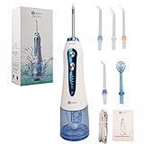 UNIQUORS Munddusche Kabellos Elektrische für Zahnreinigung mit 5 Modi und 5 Düsen, Zahnzwischenraumreiniger, IPX7 Wasserdicht USB Aufladen 300ML Wasser Flosser (Blau/Weiß)