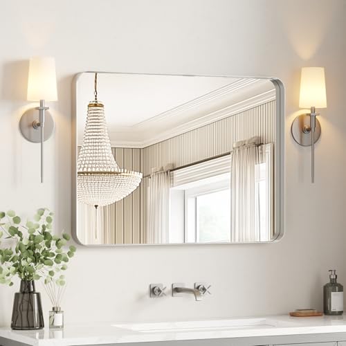 Image of USHOWER Brushed Nickel Bathroom Mirror 30 inchx40 inch, Silver Rectangle Mirror for Over Sink, Rounded Corner, Aluminum Frame, Anti-Rust, Tempered Glass, Horizontal or Vertical Mounted