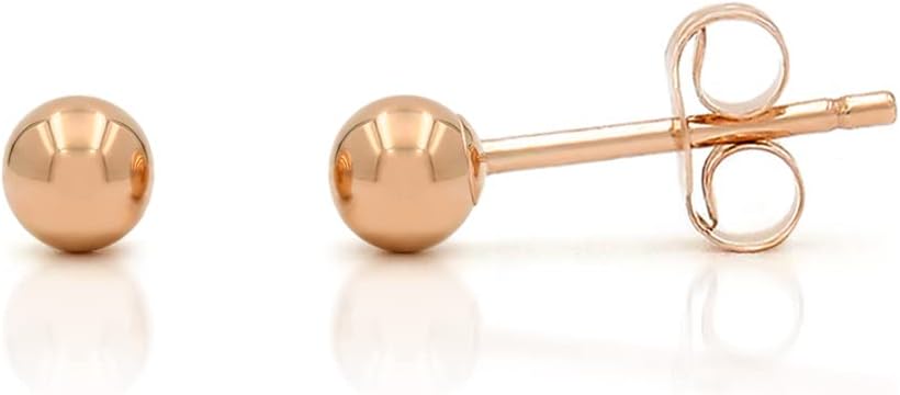 14K Rose Gold Round Ball Studs 3mm - 10mm, Polished Smooth Earrings for Women, Butterfly Backing, Giorgio Bergamo