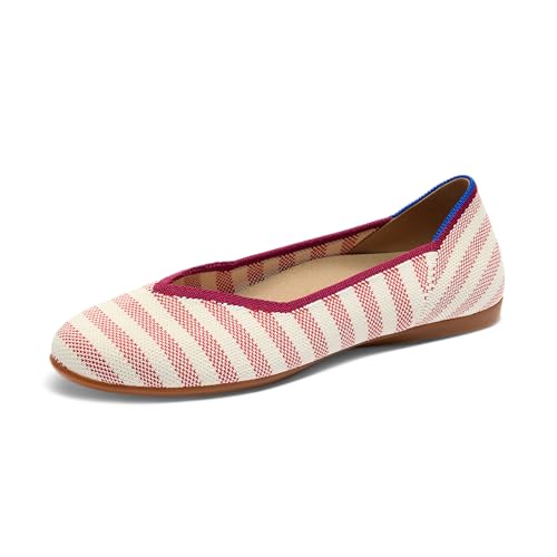 Rothy's The Daily Flat for Women, Pointed-Toe Ballet Flat, Slip-On Shoe with Cushioned Insole, Sustainable & Machine Washable, Coral Cabana Stripe, Size 8