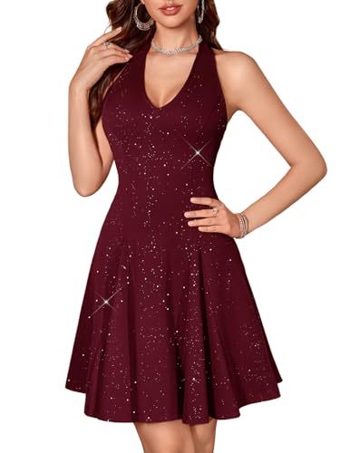 Image of HomRain Glitter Sparkle V Neck Cocktail Dress for Women 2026 A Line Backless Halter Sequin Homecoming Evening Party Dresses