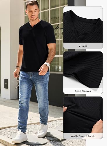 JMIERR Mens Waffle Cotton T Shirt V-Neck Henley Shirt Short Sleeve Work Casual Tee Shirts4