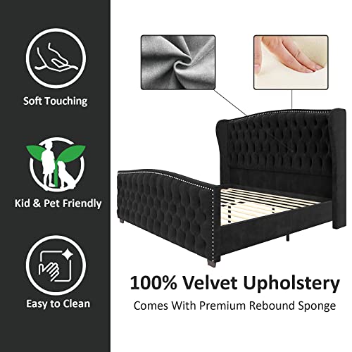 Amerlife King Size Platform Bed Frame, Velvet Upholstered Bed With Deep Button Tufted & Nailhead Trim Wingback Headboard/No Box Spring Needed/Black #TOP6