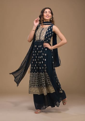 Image of Xomantic Fashion Women's Nayra Cut Embroidered Flared Kurta plazzo and Dupatta Set